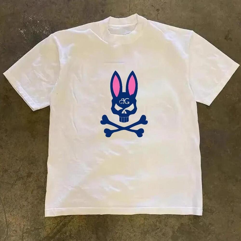 Gildan Men White T-Shirt White And Blue Bunny Skull Tee